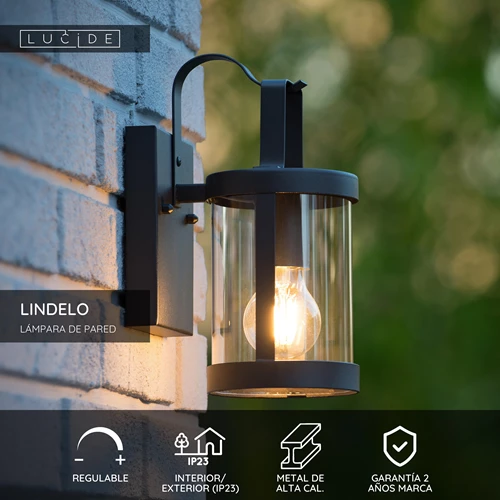 Lucide LINDELO - Lámpara de pared Dentro/Fuera - 1xE27 - IP23 - Negro - USP